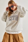 Kadın NYC Baskılı Yakası Fermuarlı Üç İplik Şardonlu Sweatshirt