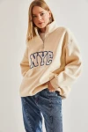 Kadın NYC Baskılı Yakası Fermuarlı Üç İplik Şardonlu Sweatshirt