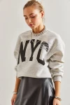Kadın Üç İplik Şardonlu Baskılı Oversize Sweatshirt
