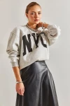 Kadın Üç İplik Şardonlu Baskılı Oversize Sweatshirt
