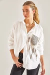 Bianco Lucci Modest Kadın Cep Taş İşlemeli Keten Ayrobin Gömlek 60181025