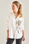 Bianco Lucci Modest Kadın Cep Taş İşlemeli Keten Ayrobin Gömlek 60181025