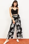 Kadın Büyük Çiçek Desen Beli Lastikli Kuşaklı Bol Paça Pantolon