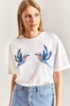 Kadın Kuş Desenli Penye Tshirt