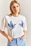 Kadın Kuş Desenli Penye Tshirt