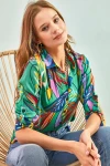 Kadın Multi Yaprak Desenli Kol Katlamalı Viskon Gömlek