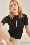 Kadın Düğmeli Kolu ve Eteği Lastikli Triko Bluz