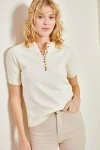Kadın Düğmeli Kolu ve Eteği Lastikli Triko Bluz