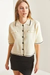 Kadın Gömlek Yaka Çift Cep Desenli Triko Bluz
