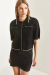 Kadın Gömlek Yaka Çift Cep Desenli Triko Bluz