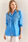 Kadın Taş İşlemeli Desenli Keten Ayrobin Gömlek