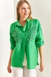 Kadın Taş İşlemeli Desenli Keten Ayrobin Gömlek