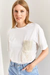 Kadın Cep Püskül Desenli Penye Tshirt