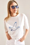 Kadın Kuş İşlemeli Basic Tshirt