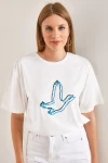 Kadın Kuş İşlemeli Basic Tshirt