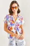 Kadın Yarasa Kol Multi Desenli Viskon Gömlek