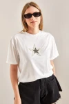 Kadın Yıldız İnci Taş İşlemeli Penye Tshirt