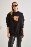 Kadın Kapişonlu Üç İplik Şardonlu Önü ve Arkası Baskılı Oversize Sweatshirt