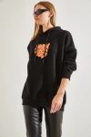 Kadın Kapişonlu Üç İplik Şardonlu Önü ve Arkası Baskılı Oversize Sweatshirt