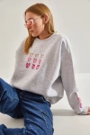 Kadın Üç İplik Şardonlu Kalp Baskılı Sweatshirt