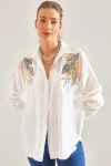 Bianco Lucci Modest Kadın Nakışı Taşlı İncili Keten Ayrobin Gömlek 60181005
